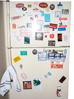 promotional magnets on refrigerator