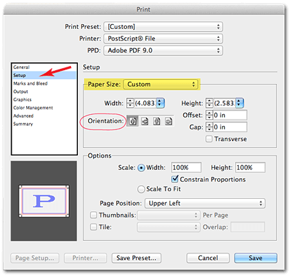 PDF set up dialog